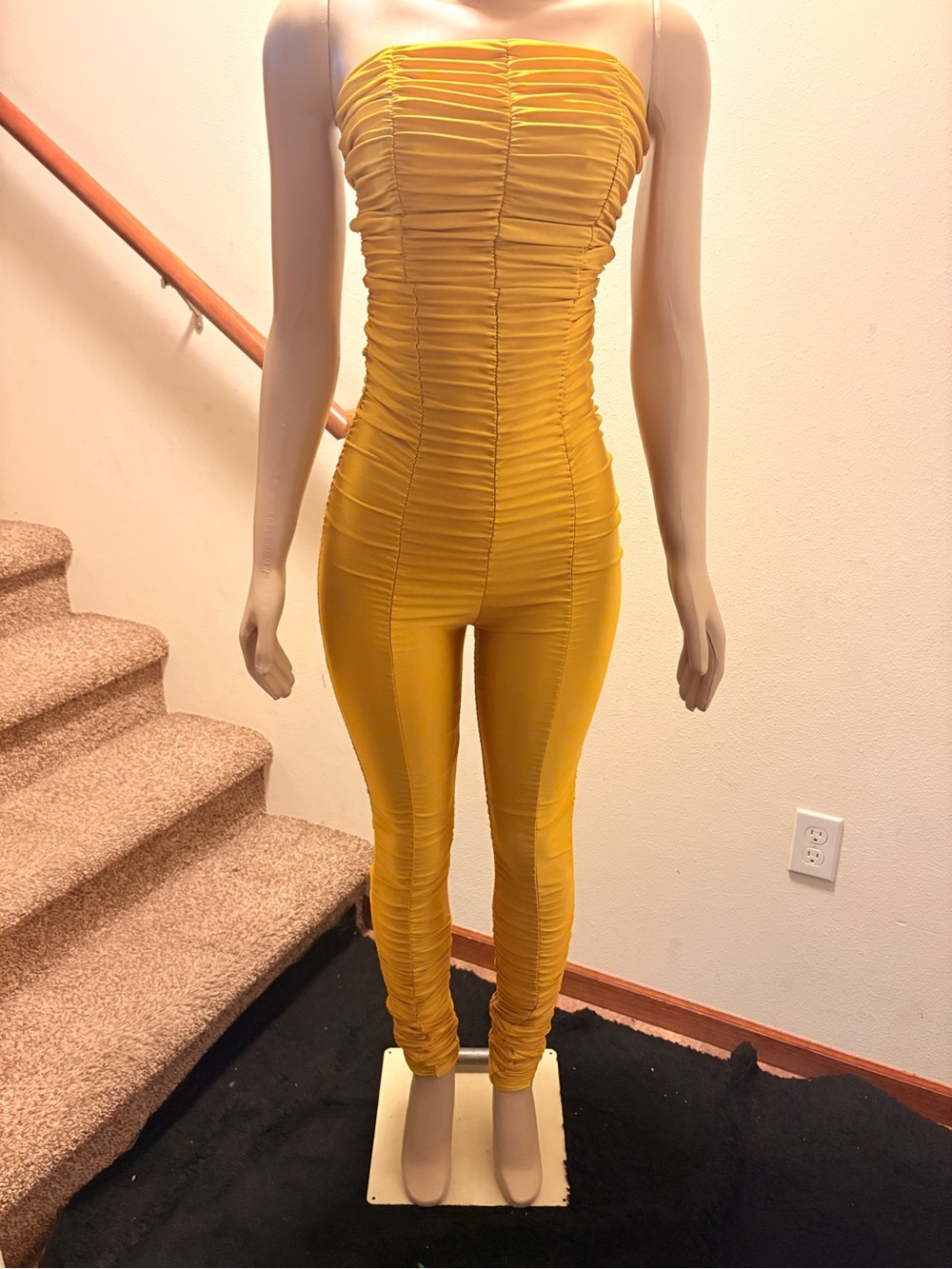 Fashion Nova Strapless Ruched Jumpsuit in Mustard Yellow